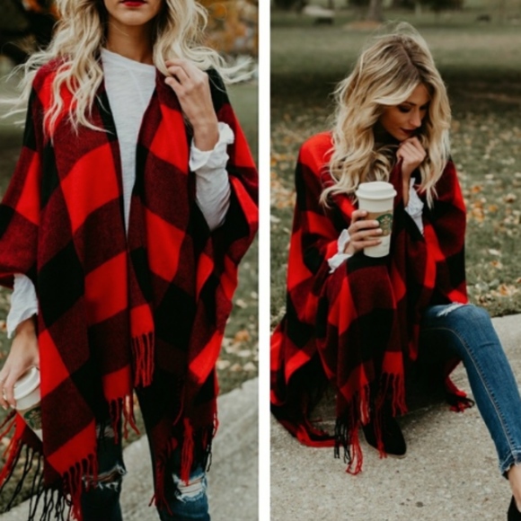 Red and White Plaid Poncho - Picture 2 of 2